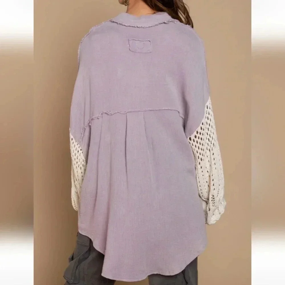 POL Oversized Button Down Crochet Sweater Sleeve Gauze Shacket Purple New - Picture 3 of 5